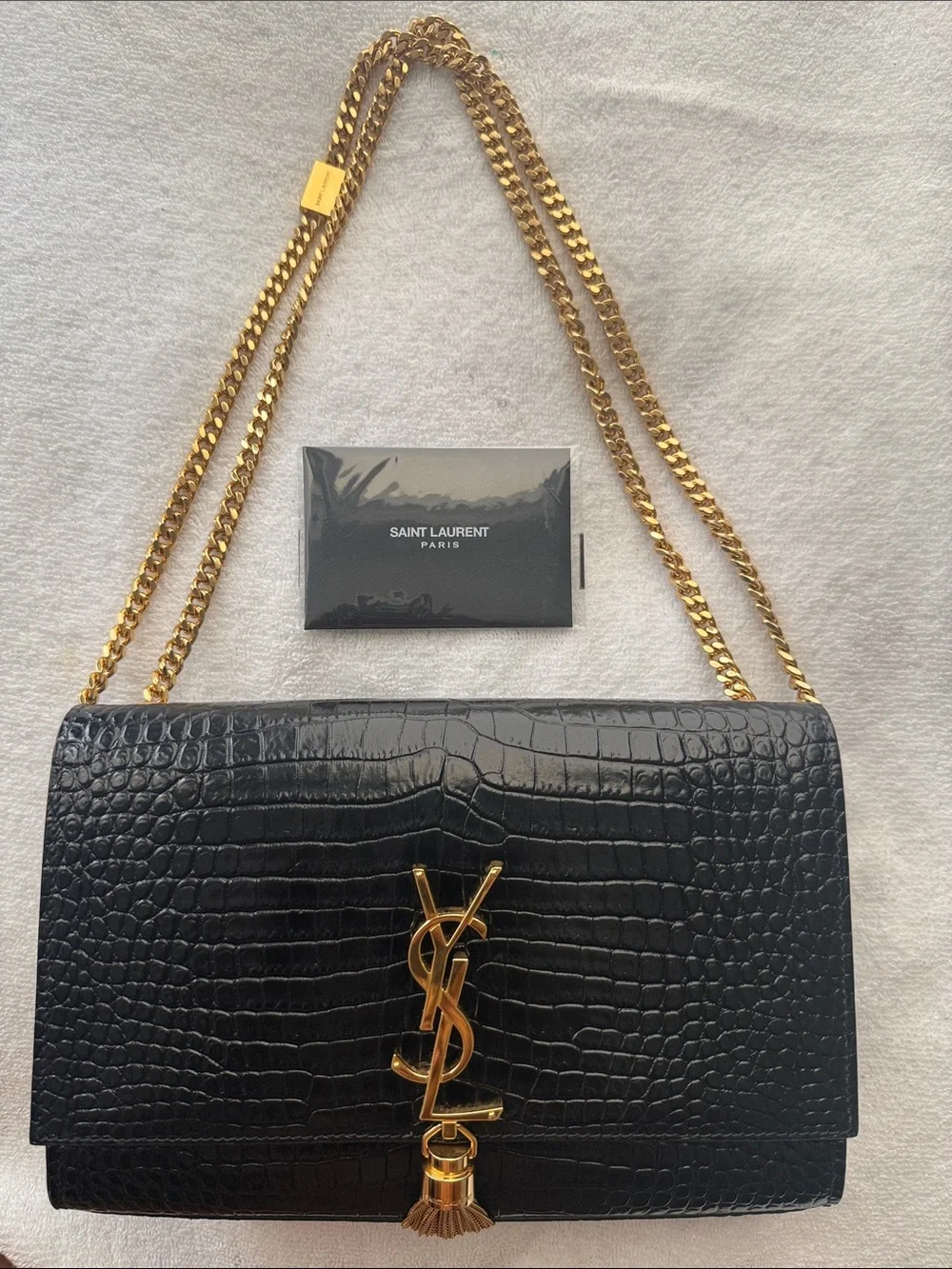 Saint Laurent Black Croc-Embossed Shoulder Bag with Gold Chain and YSL Tassel